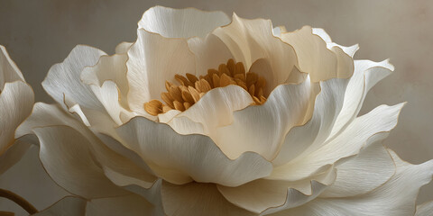 Poster - Close-up of creamy white paper flower, intricate texture, gold accents, elegant and delicate design, showcasing beauty and artistry, ideal for decoration