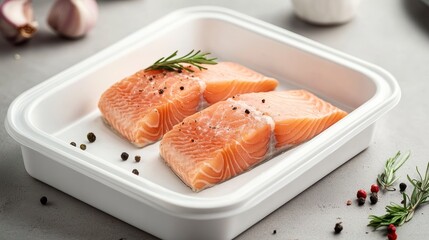 Poster - Two fresh salmon fillets seasoned with peppercorns and rosemary in a white baking dish.