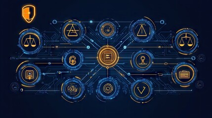 Digital network design of interconnected legal symbols.