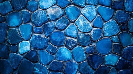 Poster - Captivating wall of polished blue river stones decorative interior design textured backdrop natural color smooth surface aesthetic marine and coastal theme for interior decor