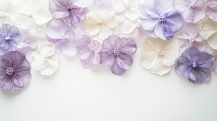 Poster - Soft pastel fabric flowers arranged on white background, creating a delicate, romantic floral border.