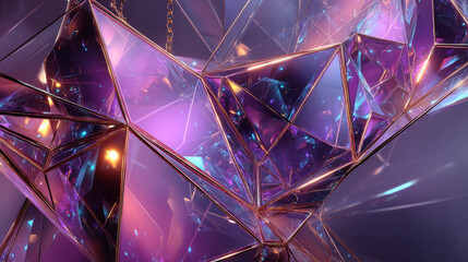 Poster - 3d render abstract glass purple geometric background. Transparent crystal curved triangle plates, hologram gradient frames with layered effect, stage with plastic or acrylic shapes. 3D Illustration
