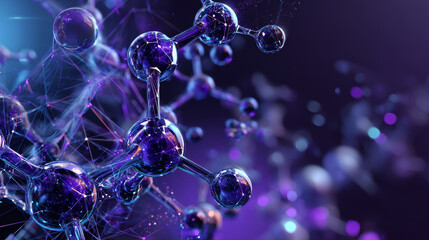 Poster - Abstract molecular structure for scientific or medical banner. Concept of science, chemistry, medicine and microscopic laboratory research. Connected transparent 3d spheres on purple blue background