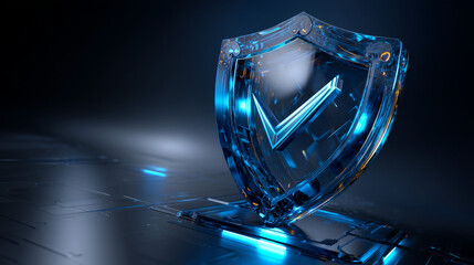Poster - Glass shield with tick sign on blue background 3d render icon set. Concept of privacy, secure data protection, computer or phone access security, verification system with checkmark. 3D Illustration