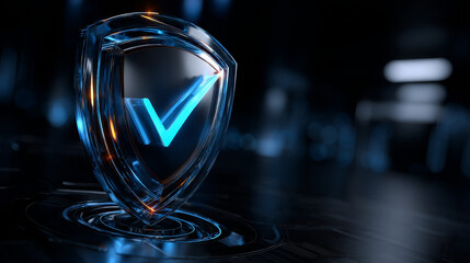 Poster - Glass shield with tick sign on blue background 3d render icon set. Concept of privacy, secure data protection, computer or phone access security, verification system with checkmark. 3D Illustration