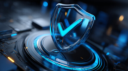Poster - Glass shield with tick sign on blue background 3d render icon set. Concept of privacy, secure data protection, computer or phone access security, verification system with checkmark. 3D Illustration