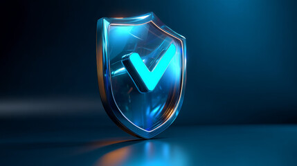 Poster - Glass shield with tick sign on blue background 3d render icon set. Concept of privacy, secure data protection, computer or phone access security, verification system with checkmark. 3D Illustration