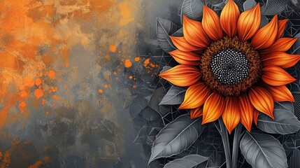 Poster - Vibrant orange sunflower with gray leaves against a textured orange and gray background.