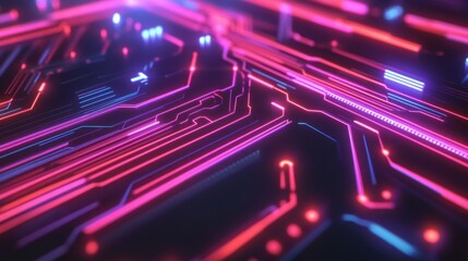 Fototapete - Abstract Colorful Circuit Background with Neon Lights and Patterns