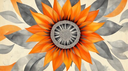 Aufkleber - Stylized orange sunflower with gray leaves on beige background.