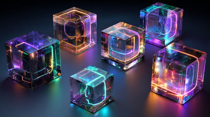 Poster - 3d glass holographic frosted morphism cube isolated render icon set. Abstract geometric translucent block shapes with color neon hologram gradient, square plastic or acrylic objects. 3D Illustration