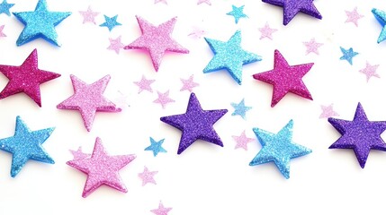 Poster - Colorful glitter stars scattered on white background.