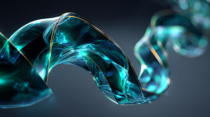Poster - 3d holographic ribbon glass morphism wave line isolated on abstract background render. Iridescent curve liquid shape with blue green hologram gradient, water liquid flow in motion. 3D Illustration