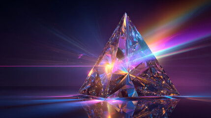 Poster - Glass triangle with rainbow effect of light refraction from prism or crystal 3d render. Clear acrylic plate, glossy panel with lens flare on purple abstract geometric background. 3D Illustration