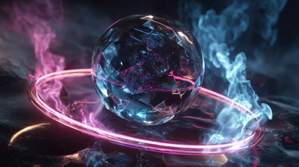 Poster - Glass futuristic sphere with neon circle frame in smoke 3d render. Round glow wave line, blue pink curved ring with clear crystal ball and magic light, abstract mysterious background. 3D Illustration