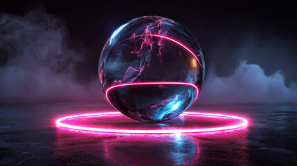 Poster - Glass futuristic sphere with neon circle frame in smoke 3d render. Round glow wave line, blue pink curved ring with clear crystal ball and magic light, abstract mysterious background. 3D Illustration