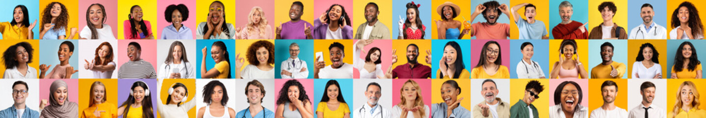 Poster - A vibrant collage showcases a collection of diverse individuals smiling and expressing joy. Their unique backgrounds illuminate the beauty of diverse lifestyles in a playful setting.