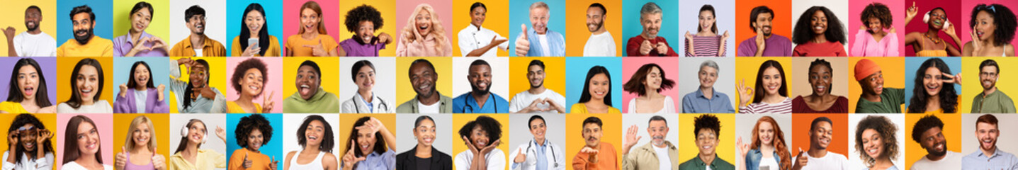 Poster - A vibrant collection of portraits featuring diverse individuals expressing happiness and warmth. Each face represents a unique background, reflecting unity in diversity against colorful backdrops.