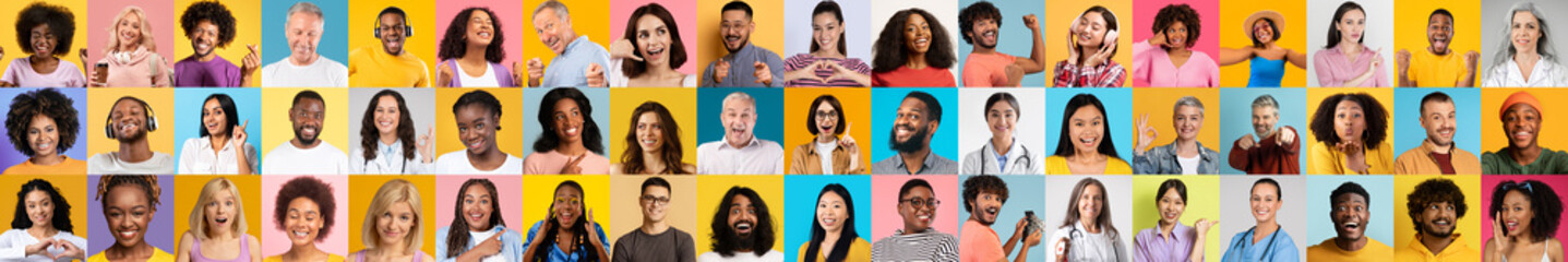 Poster - This lively collage showcases portraits of multiracial individuals smiling and expressing joy against colorful backgrounds. Each person radiates positivity, reflecting a celebration of diversity.
