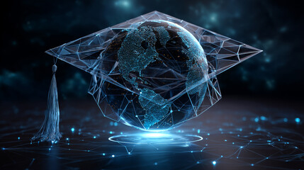Poster - Graduation cap on planet Earth. Low poly wireframe style. E-learning distance. Internet education course. Polygonal abstract isolated on dark background. Vector