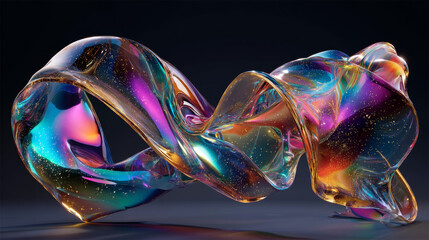 Poster - 3d abstract liquid glass transparent clear ribbon wave line render. Rainbow fluid flow curve shape with dispersion light, holographic gradient texture. Flying glossy design element. 3D Illustration