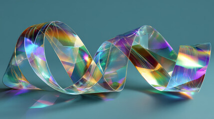 Poster - 3d abstract hologram tape, liquid glass transparent fold ribbon wave line, rainbow light flare effect, holographic gradient texture render. Clear film, plastic or acrylic curve shape. 3D Illustration