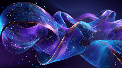 Poster - Abstract background with holographic iridescent ribbon 3d render. Wavy curvy colorful shape of glass, plastic or acrylic with blue purple gradient texture, flying flow of liquid form. 3D Illustration
