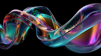 Poster - 3d abstract liquid glass translucent ribbon wave line with spiral swirl effect render. Rainbow fluid flow curve shape with bright colorful holographic gradient. Creative wallpaper, bg. 3D Illustration
