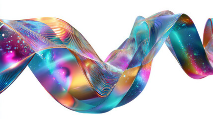Poster - Abstract rainbow glass composition, wave film plastic ribbon with hologram rings 3d render. Crystal geometry shapes with curved liquid line and gradient texture isolated on background. 3D Illustration