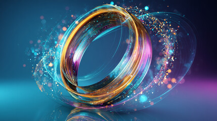 Poster - 3d glass holographic spinning circle, speed motion effect on blue macro background render. Abstract purple circular line, rainbow color gradient, energy round ring, magic spiral swirl. 3D Illustration