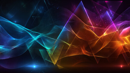Poster - Abstract 3d background wallpaper with row of glass holographic transparent triangle plate shapes render. Dynamic tech banner with layers effect. Iridescent gradient wave line pattern. 3D Illustration