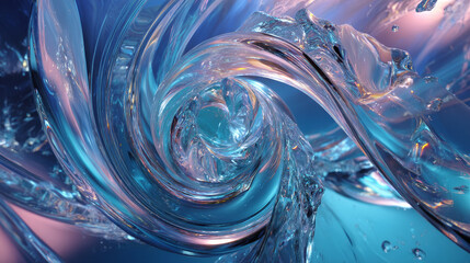 Poster - Glass abstract wave, spiral composition of crystal blocks or transparent ice cubes, clear liquid chromatic object with dispersion effect and refraction light on blue background, 3d render illustration