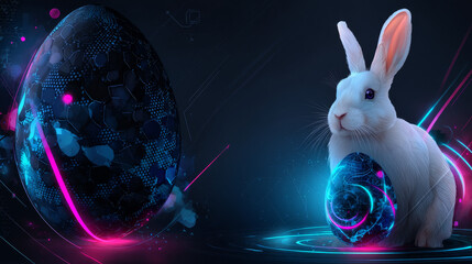 Poster - Easter banner with egg and rabbit in digital style. Vector illustration of Easter background in technological style