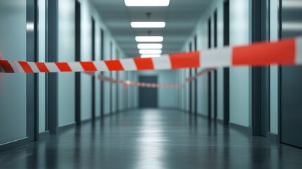 Poster - Red and white caution tape across a long, empty office corridor.