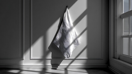 Poster - Simple gray interior with towel hanging on hook wall and sunlight casting shadows