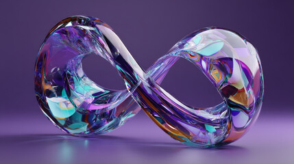 Poster - Abstract glass geometric figure in shape of infinity 3d render. Holographic wavy sculpture, transparent iridescent art object of crystal or plastic form isolated on purple background. 3D Illustration