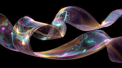 Poster - Transparent iridescent ribbon 3d render. Flying wavy curved line of plastic, acrylic or glass, holographic clear liquid tape with gradient texture, isolated abstract geometric shape. 3D Illustration