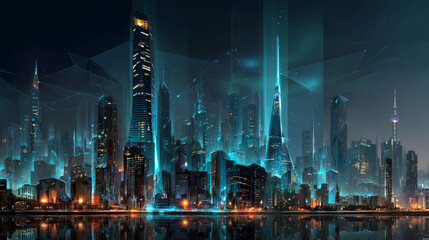 Poster - Futuristic smart city vector illustration isolated on blue background, concept of technology management of buildings. Skyscraper in the frame polygonal style at night in the clouds