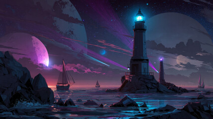 Poster - Lighthouse on the seashore in digital futuristic style. Light effect as a guide to the sea. Night landscape of rocky coast with building, vector illustration
