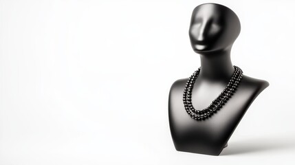 Poster - Black mannequin bust displaying a double strand black beaded necklace against a white background.