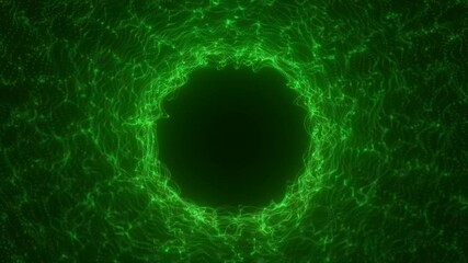 Poster - vibrant green energy tunnel composed of pixelated digital waves forming a hollow circular space