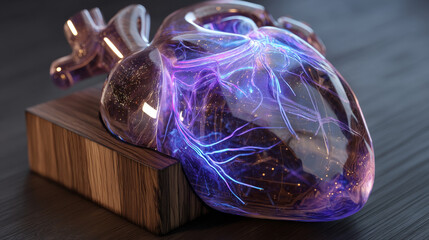 Poster - Digital heart glows in a futuristic style. 3d model with board texture, postcard as a symbol of Charity and technological assistance