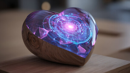 Poster - Digital heart glows in a futuristic style. 3d model with board texture, postcard as a symbol of Charity and technological assistance
