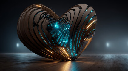 Poster - Digital heart glows in a futuristic style. 3d model with board texture, postcard as a symbol of Charity and technological assistance