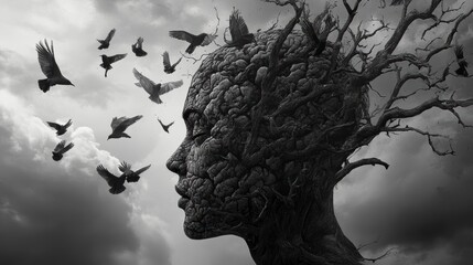 Poster - Monochrome surreal artwork of a woman's head transforming into a tree with birds flying away.