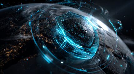 Poster - Cyber security, shield lock in futuristic polygonal style. Concept of internet privacy or cyber protection on the background of the world map. 3d vector illustration