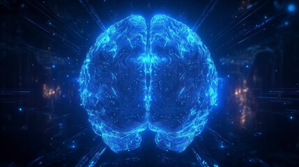 Fototapete - Glowing blue brain in digital space.