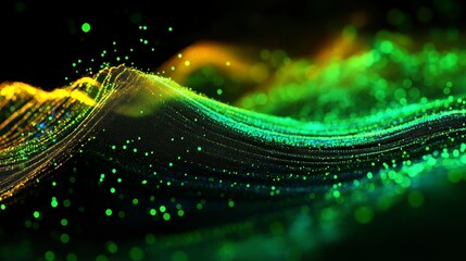 Aufkleber - Abstract green and gold particle wave flowing on black background.