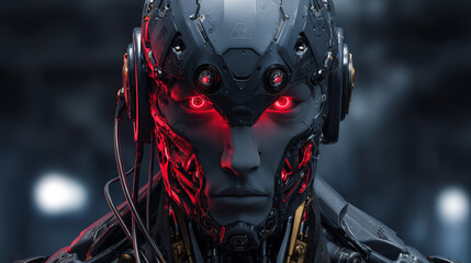 Poster - Head of cyborg with red luminous eyes. Science fiction helmet with a shiny dark metal. Robot with artificial intelligence. Robot man with artificial face. Futuristic soldier concept. 3D rendering.