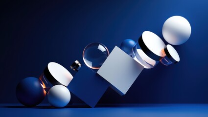 Poster - A captivating display of geometric shapes featuring spheres cubes and glass elements. The striking arrangement is enhanced by dynamic lighting creating a surreal atmosphere.